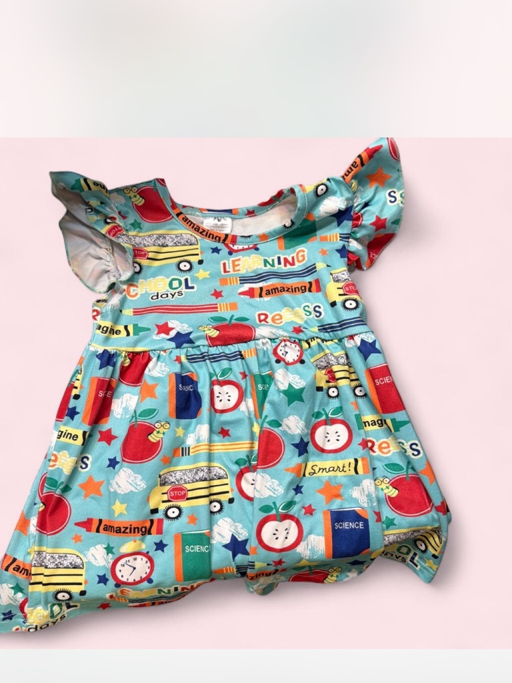 Toddler School-Themed Bubble Dress in Aqua with Red & Yellow Accents